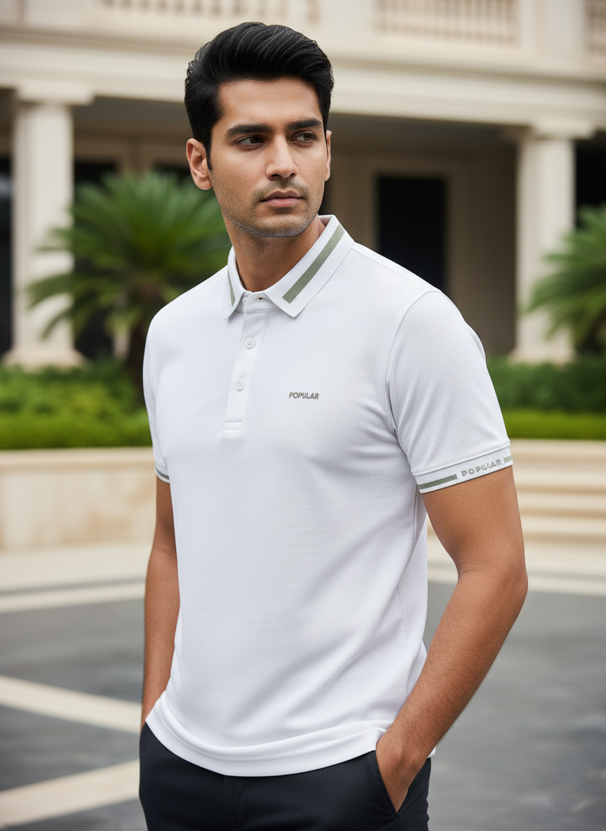 Man wearing a white polo shirt with a brand logo in an outdoor setting
