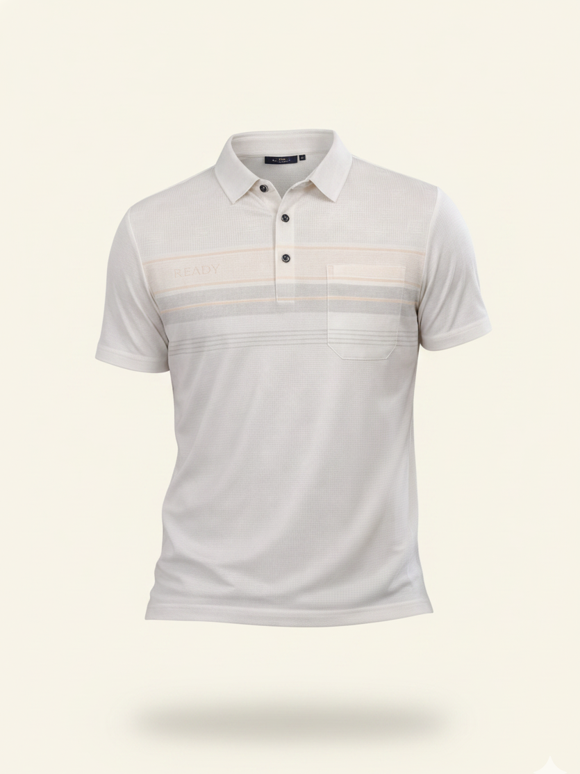 White polo shirt with beige stripes on a light beige background