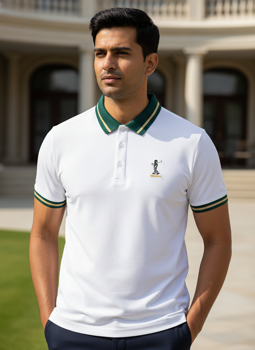 Man wearing a white polo shirt with green accents in an outdoor setting