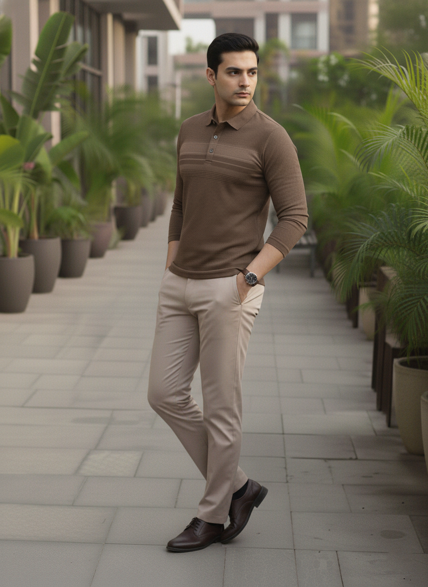 Man in a brown shirt and beige pants standing in an outdoor setting with plants.