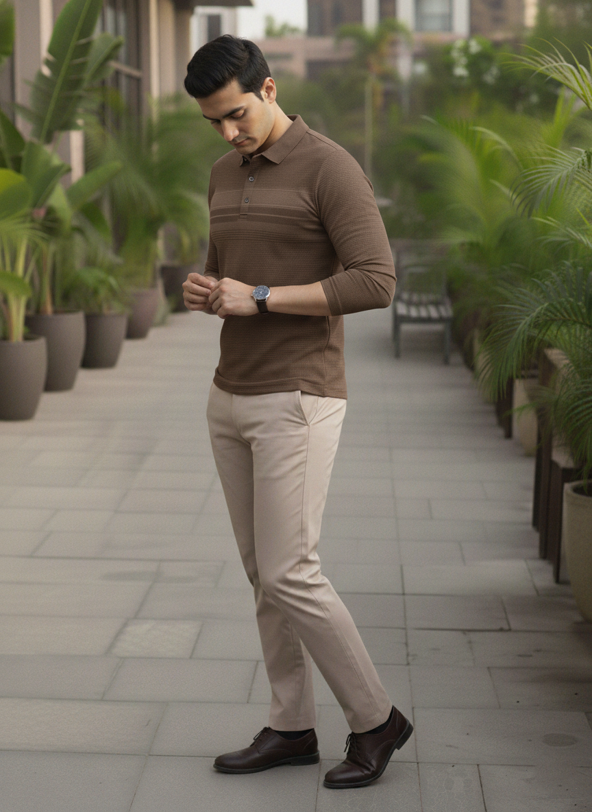 Man in brown shirt and beige pants standing on a patio with plants in the background