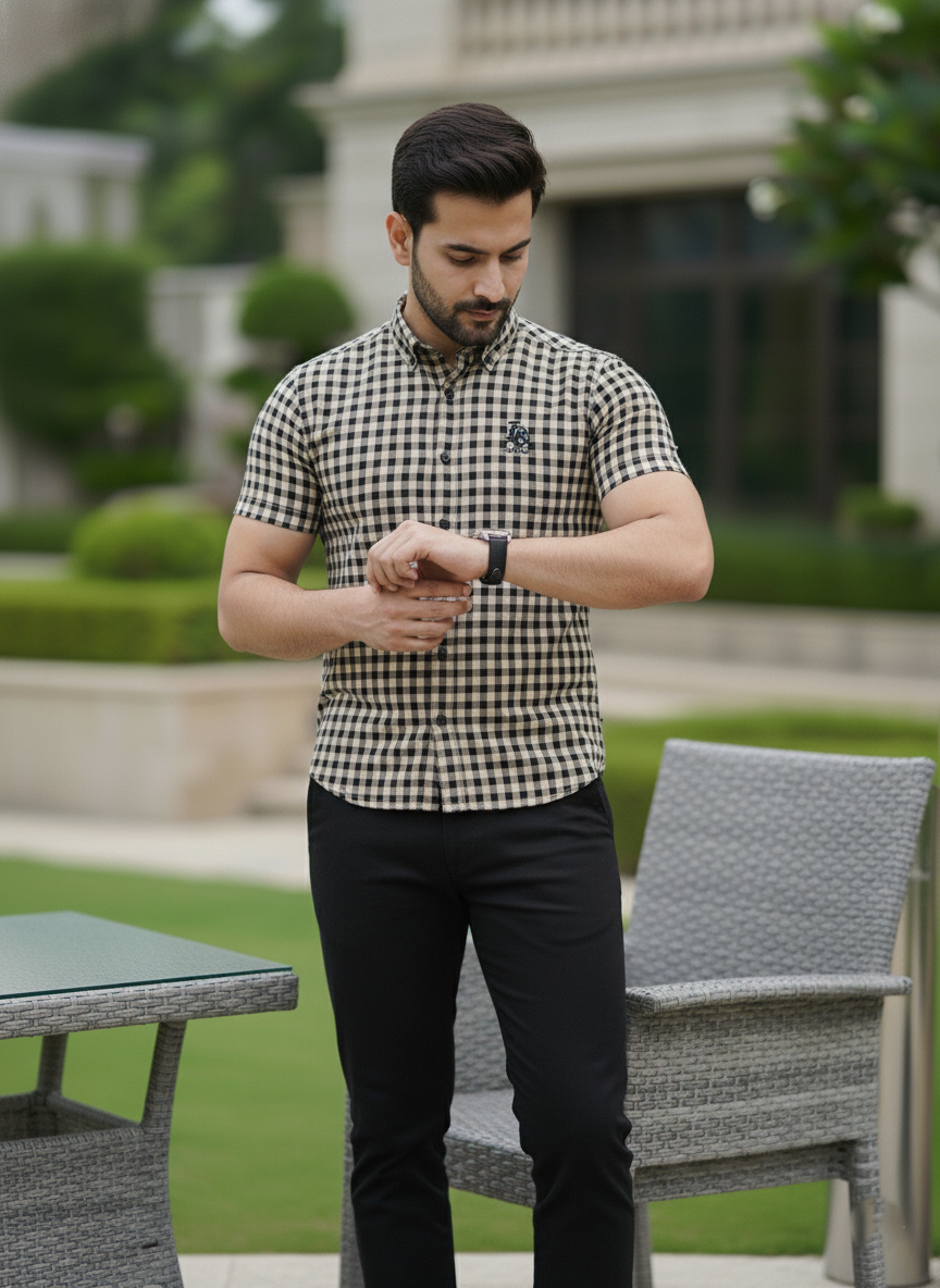 Man wearing a checkered shirt and black pants standing outdoors.
