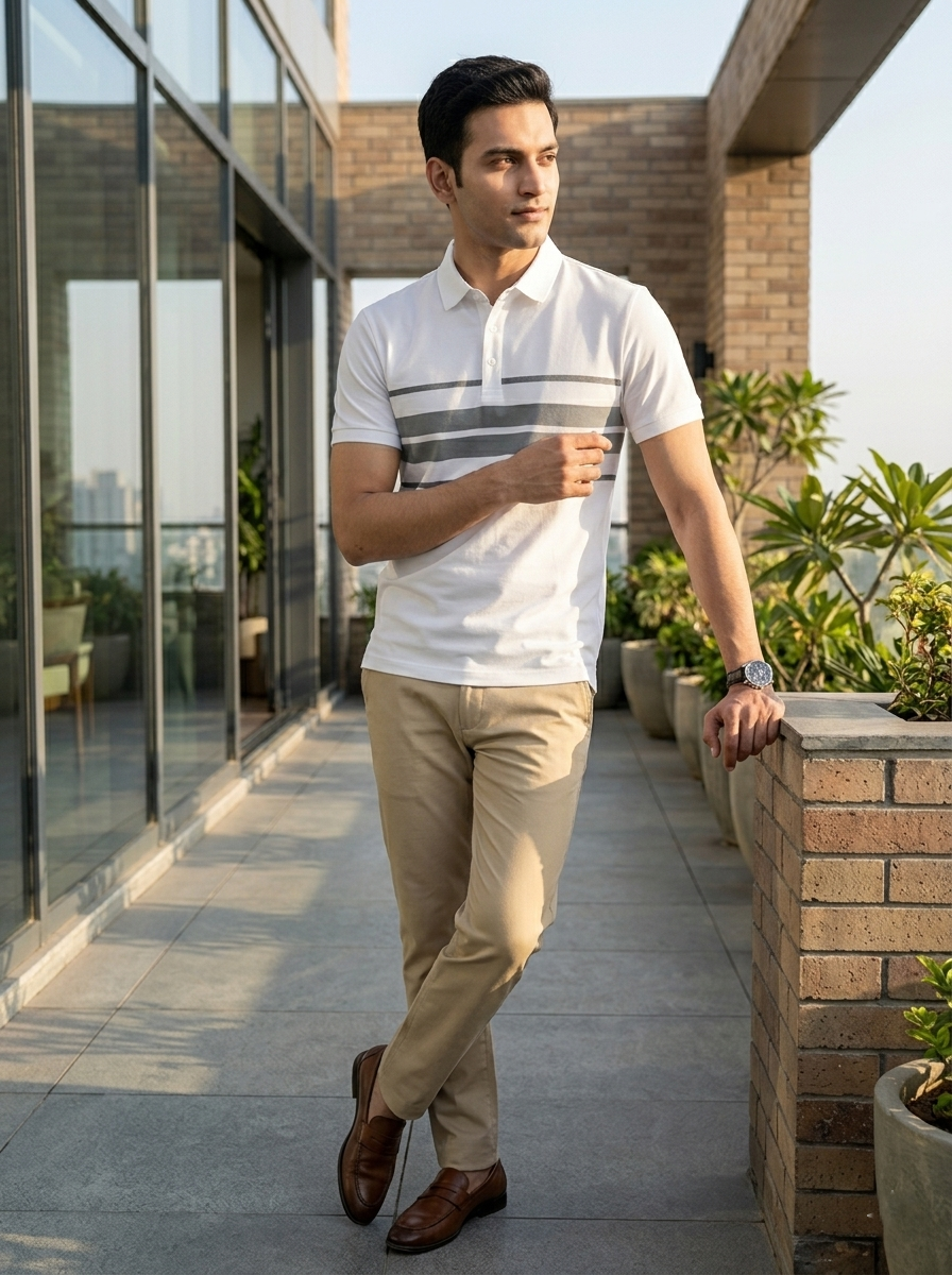 Man in a white polo shirt with gray stripes and beige pants standing on a rooftop patio.