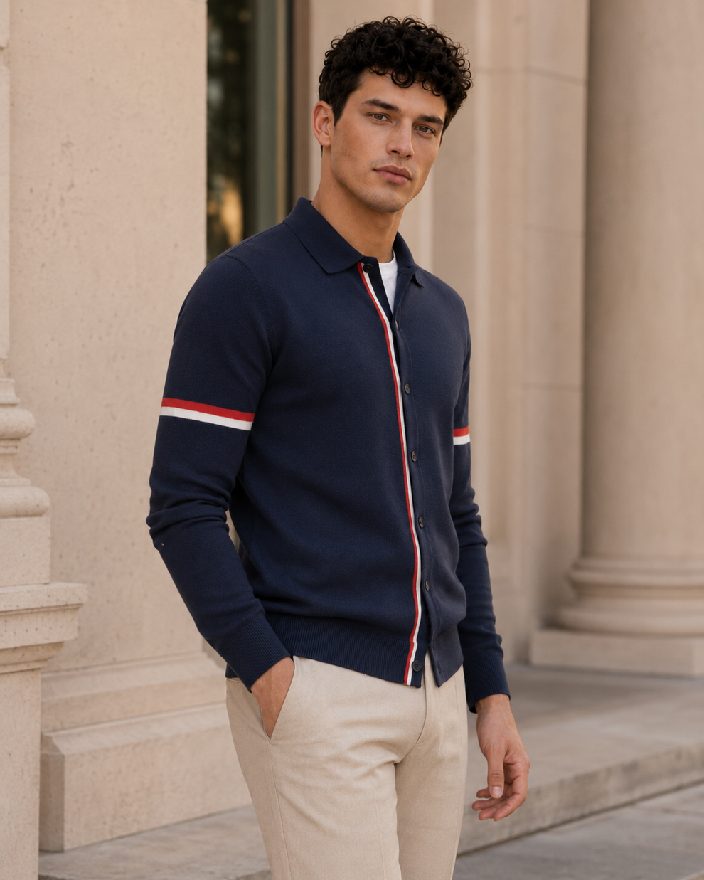 Man wearing a navy shirt with red and white stripes standing in front of classical architecture.