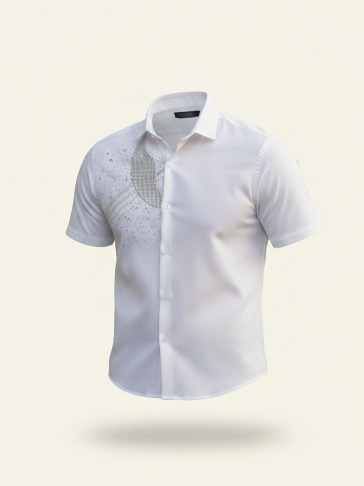 White short-sleeve shirt with subtle pattern on a light beige background
