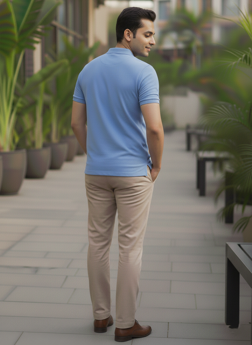 Man in a blue polo shirt and beige pants walking outdoors with plants in the background