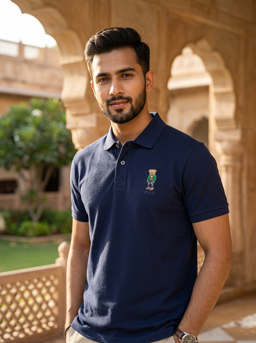 Man wearing a navy blue polo shirt with a small embroidered design, standing outdoors.