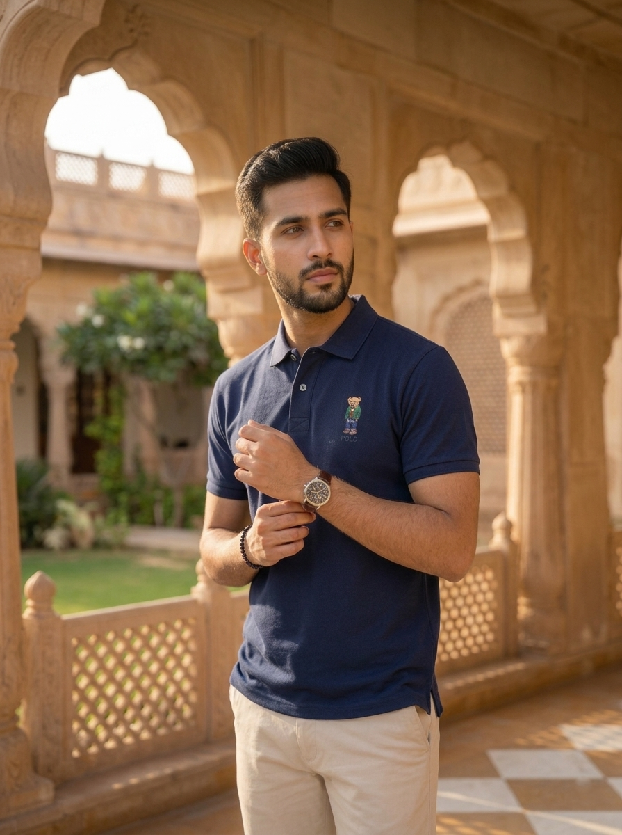 Man wearing a navy blue polo shirt with a logo, standing in an architectural setting with arches and plants.