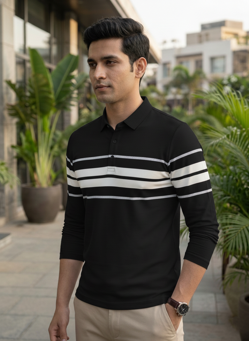 Man wearing a black and white striped shirt standing outdoors with plants and buildings in the background