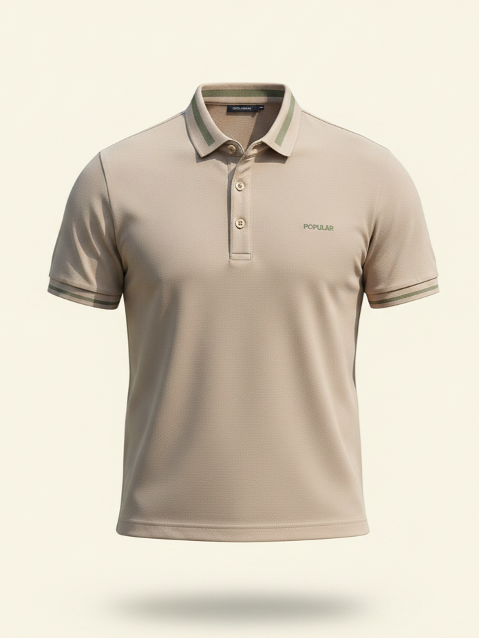 Beige polo shirt with brand logo on a light beige background