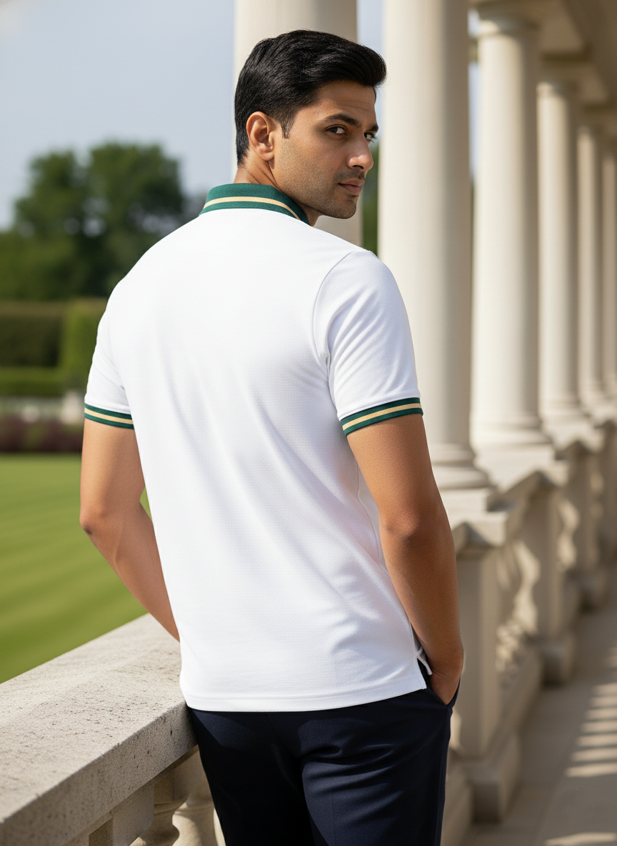 Man wearing a white polo shirt with green accents standing in front of classical architecture.