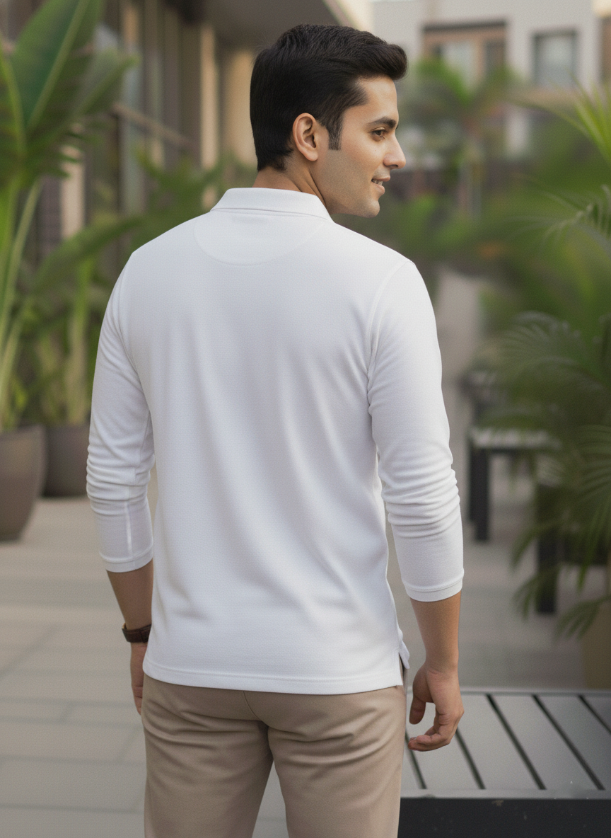 Man wearing a white long-sleeve shirt and beige pants standing outdoors with plants in the background