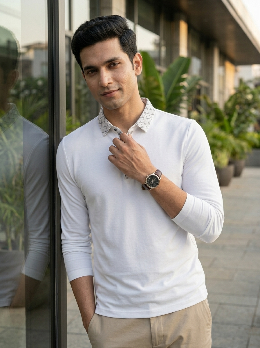Man wearing a white long-sleeve shirt and beige pants standing outdoors with plants in the background