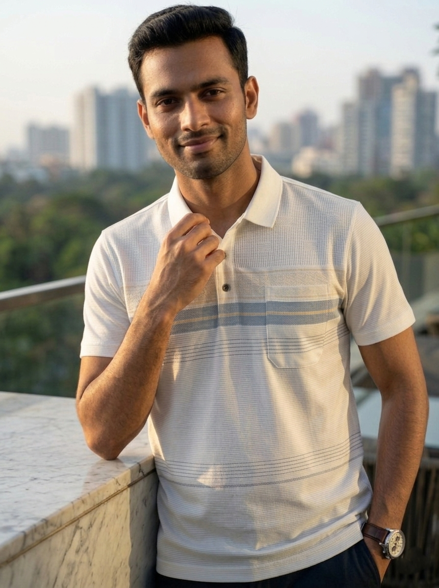 Man wearing a white polo shirt with a cityscape in the background