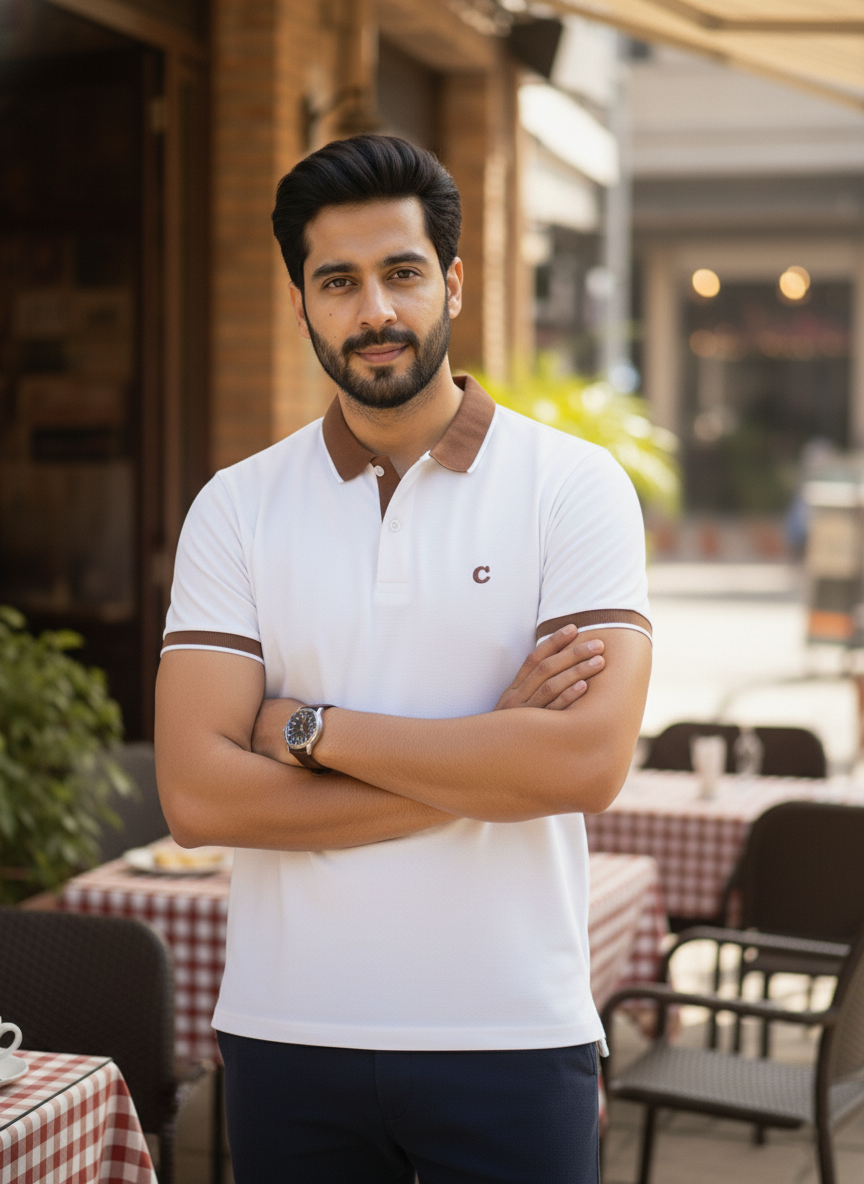 Man wearing a white polo shirt with a brand logo, standing outdoors with tables and chairs in the background.