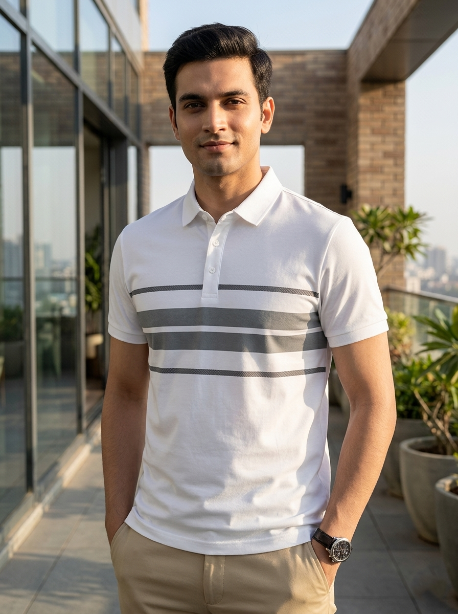 Man wearing a white polo shirt with gray stripes outdoors