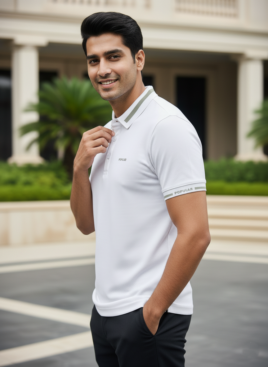 Man wearing a white polo shirt with a blurred background