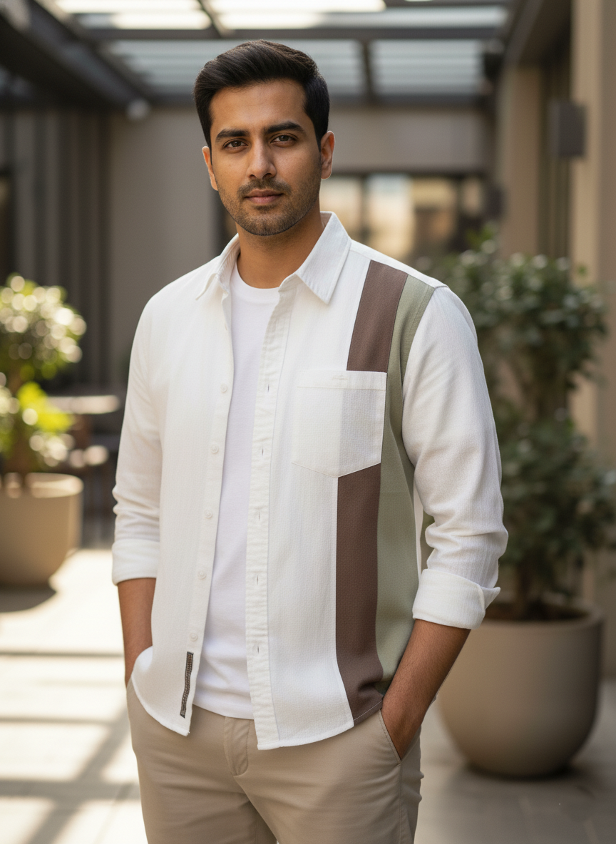Man wearing a white shirt with a brown stripe in an outdoor setting