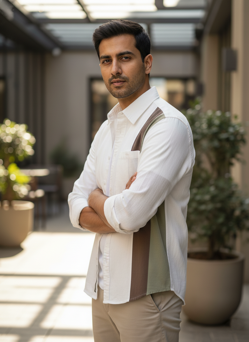 Man wearing a white shirt with a brown vest standing outdoors with plants and a building in the background