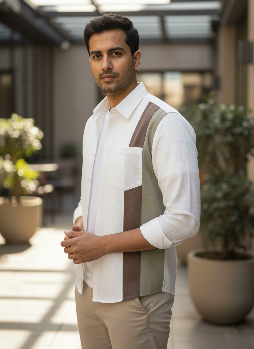 Man wearing a white shirt with a geometric pattern in an outdoor setting