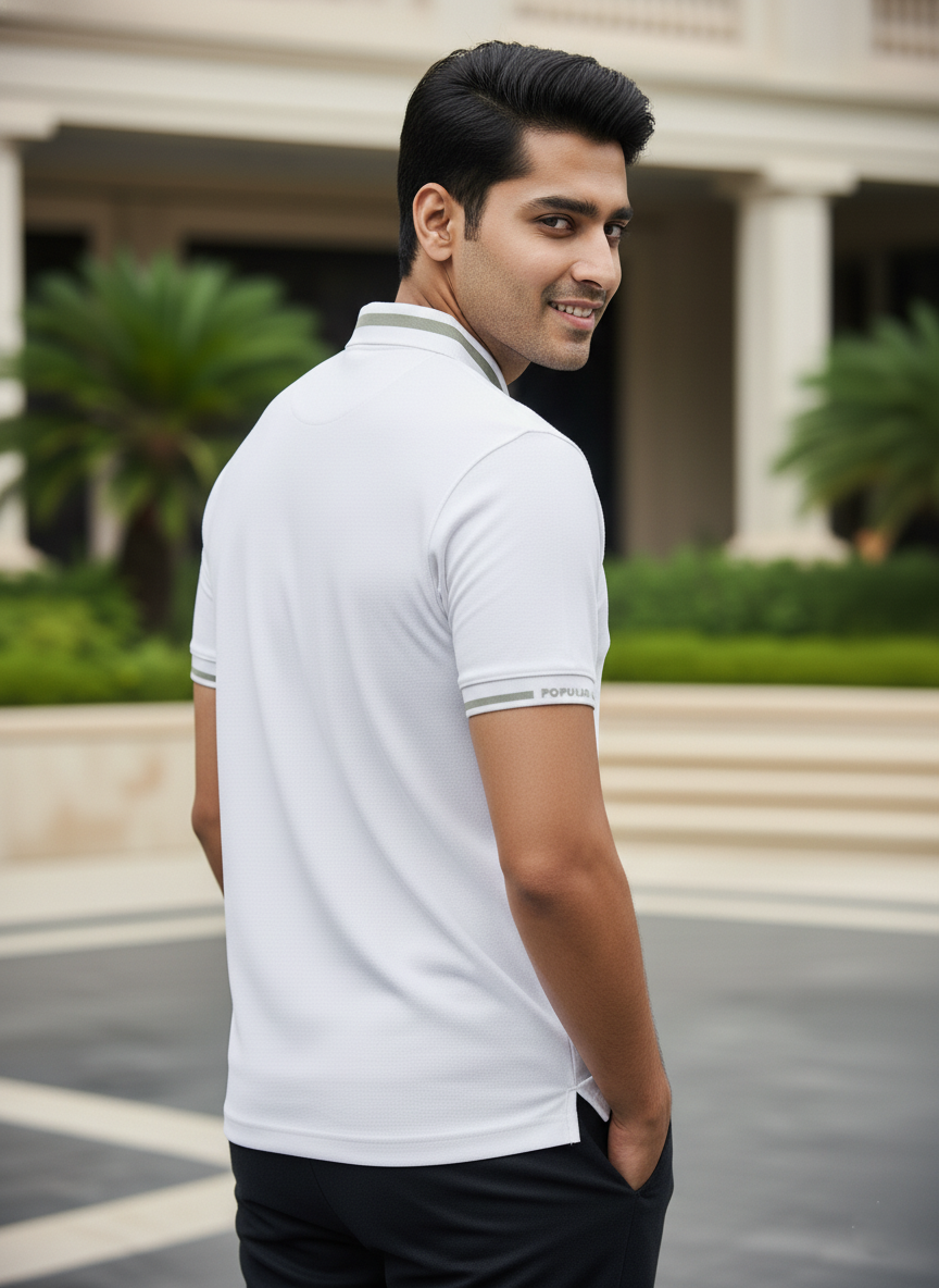 Man wearing a white polo shirt with a blurred background