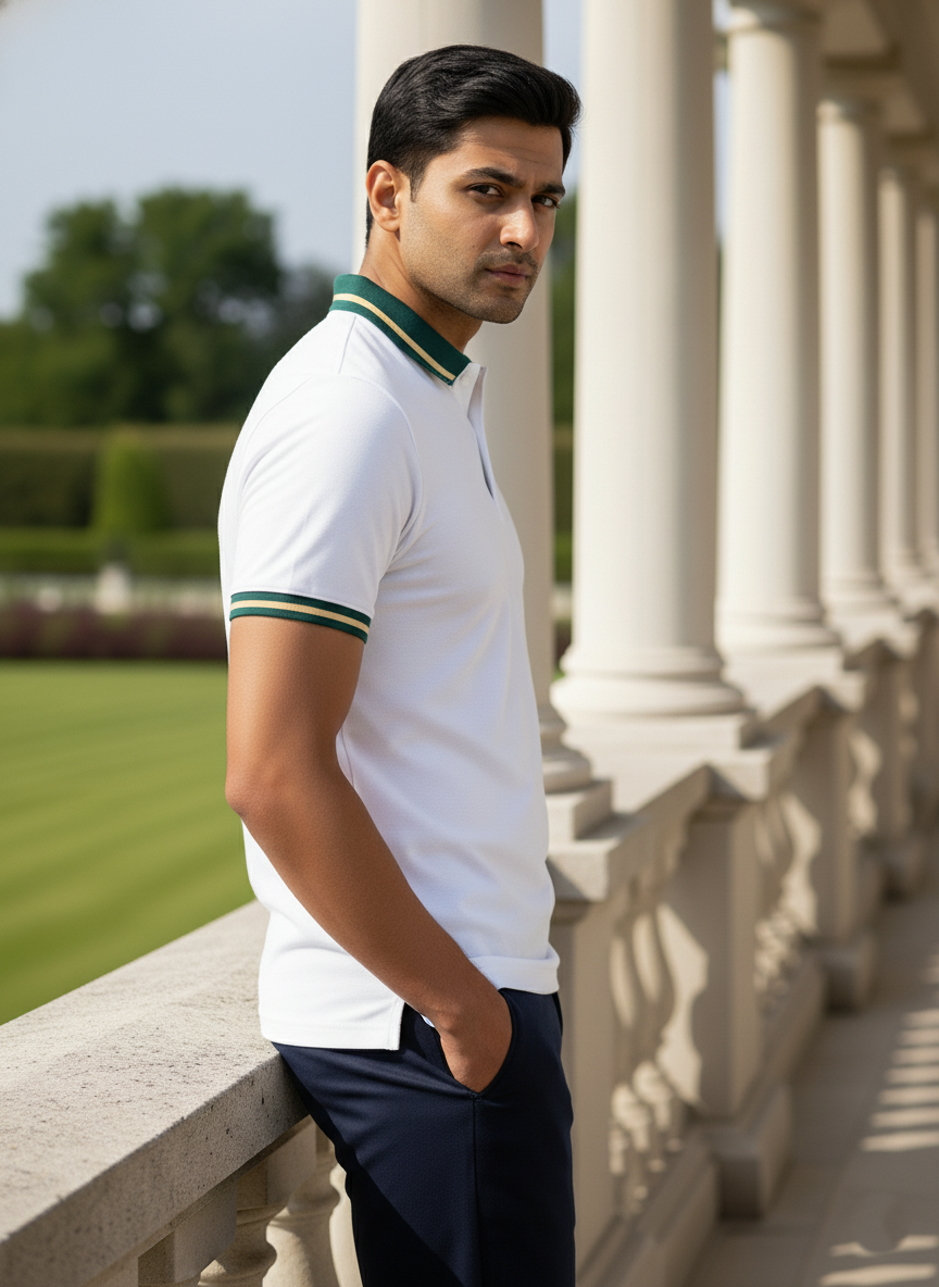 Man wearing a white polo shirt with green accents standing in front of classical architecture.