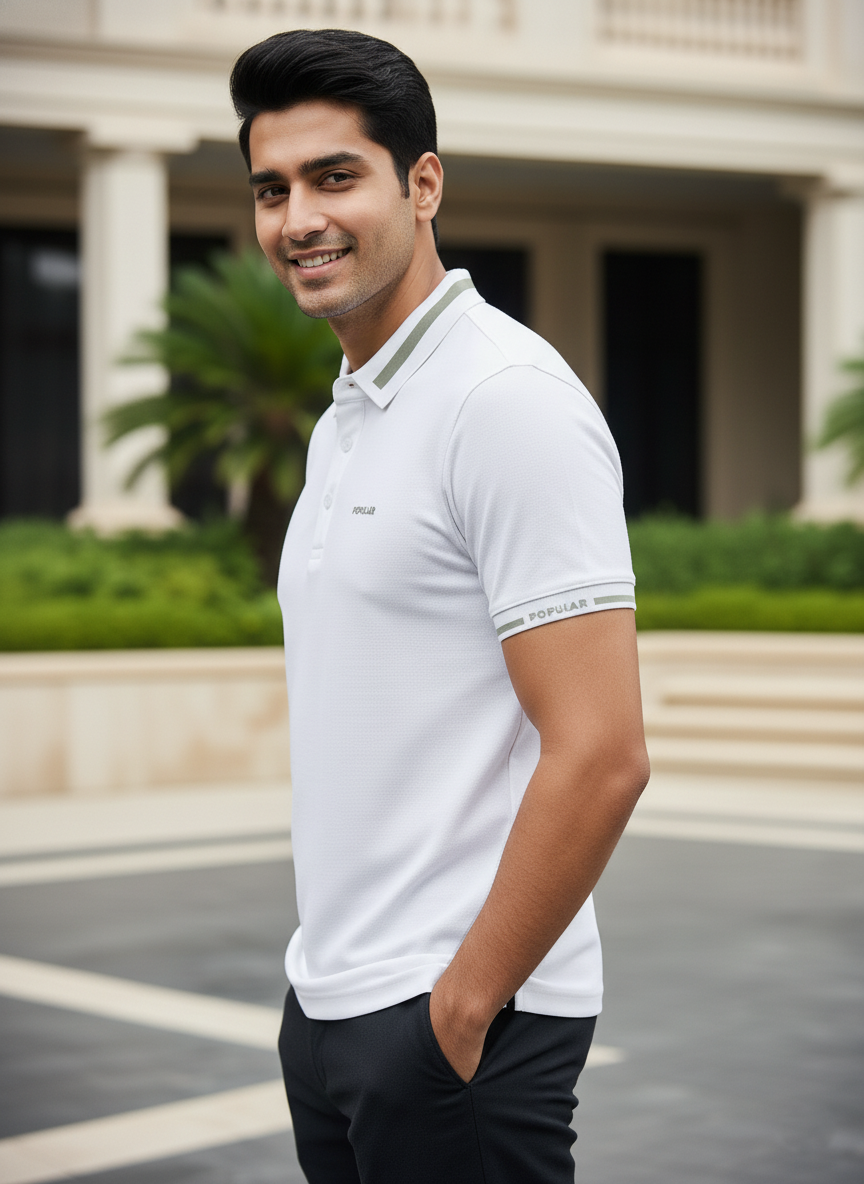 Man wearing a white polo tshirt standing outdoors with a building and greenery in the background